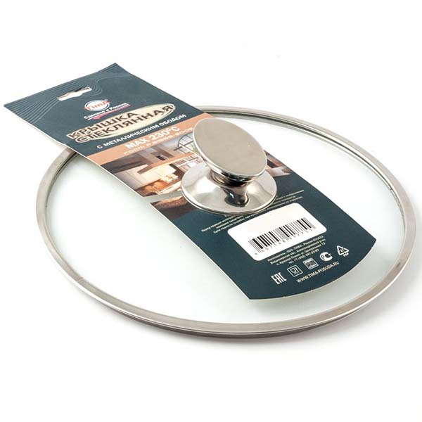 Крышка стеклянная Tima 5520 20см (овал.ручка, метал.обод)