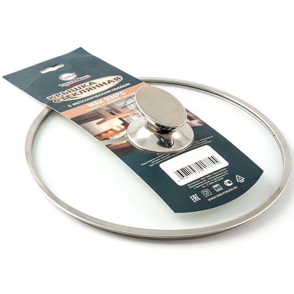 Крышка стеклянная Tima 5522 22см (овал.ручка, метал.обод)