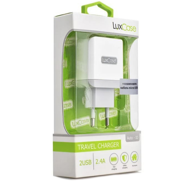 Сетевое зарядное устройство LuxCase 2 USB 2,4А + micro USB 1m (молочный/серый+белый)