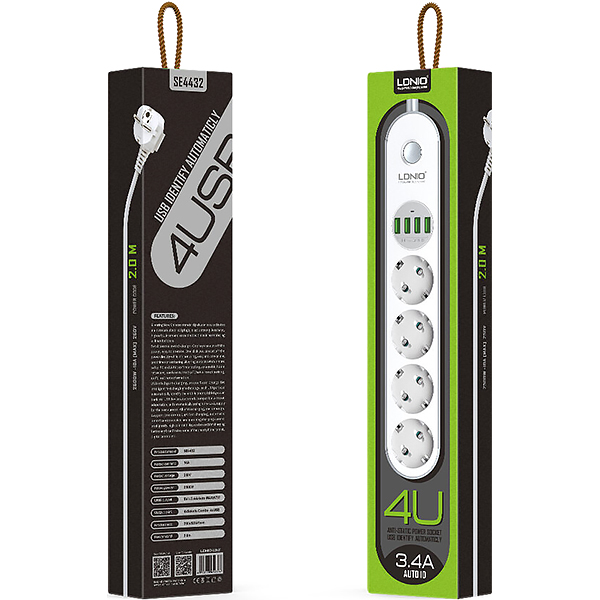 Удлинитель LDNIO SE4432 2м, 4 розетки, 4*USB (LD_B4438)
