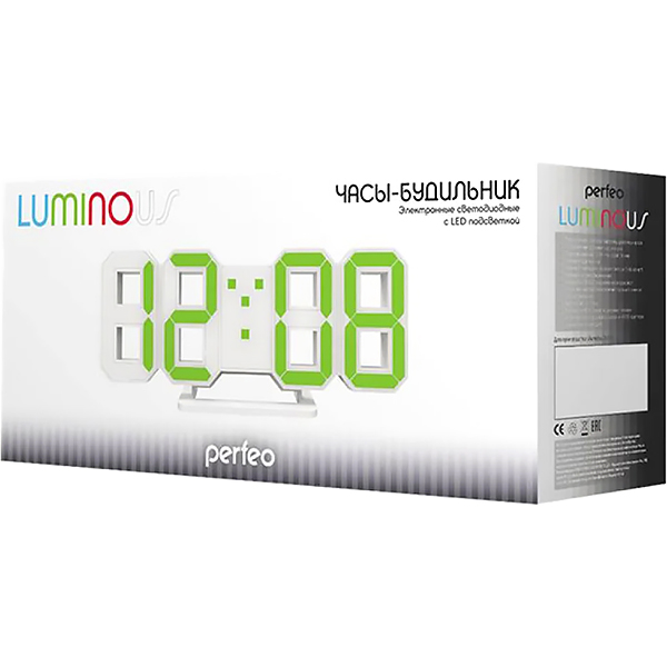 Часы настольные электронные Perfeo Luminous PF-663 белый/зеленый (PF_5202)