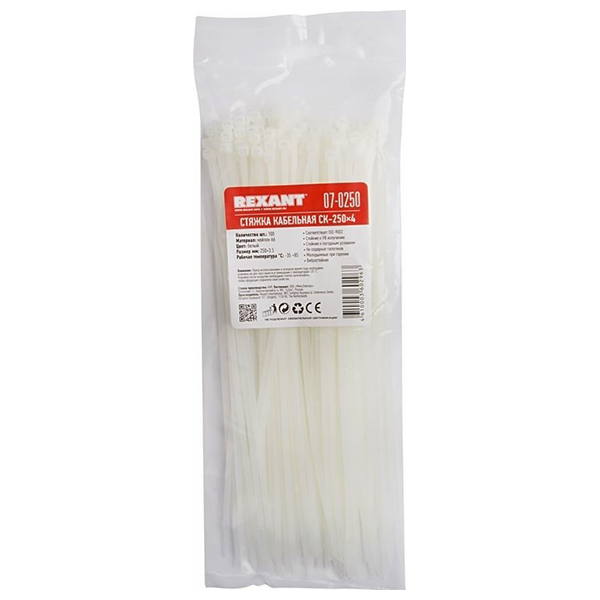 Крепежные комплекты Rexant нейлон 250x3.6мм, белый (07-0250, 100*10шт.)