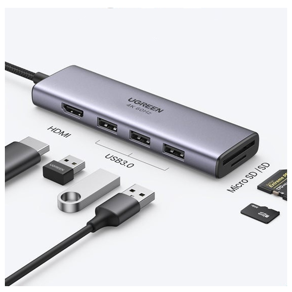 Разветвитель для компьютера uGreen 6 в 1, 3 х USB 3.0, HDMI, SD/TF (60383)