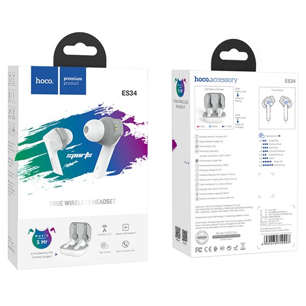 Наушники True Wireless Hoco с&nbsp;микрофоном&nbsp;ES34&nbsp;Pleasure,&nbsp;белый&nbsp;(19997)