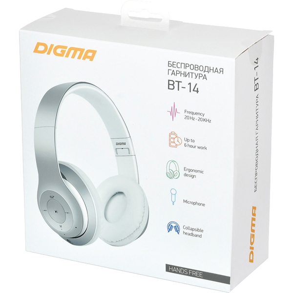 Наушники накладные Bluetooth Digma BT-14 Silver Matte (L150BT)