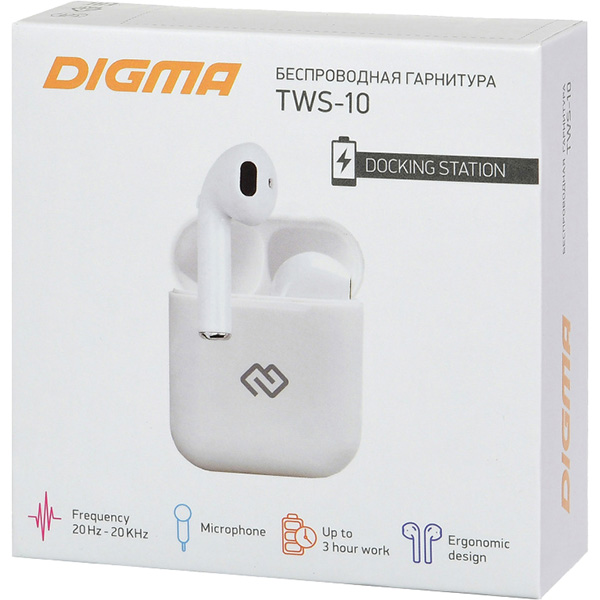 Наушники True Wireless Digma TWS-10 белый (I9SW)