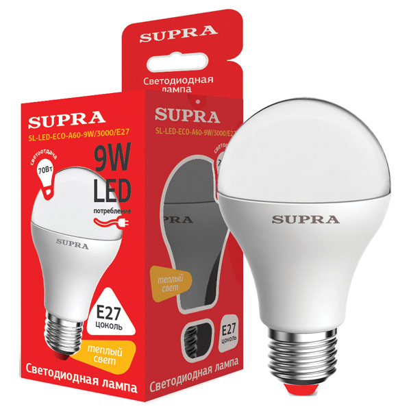 Лампа LED Supra SL-LED-ECO-A60-9W/3000/E27 фото