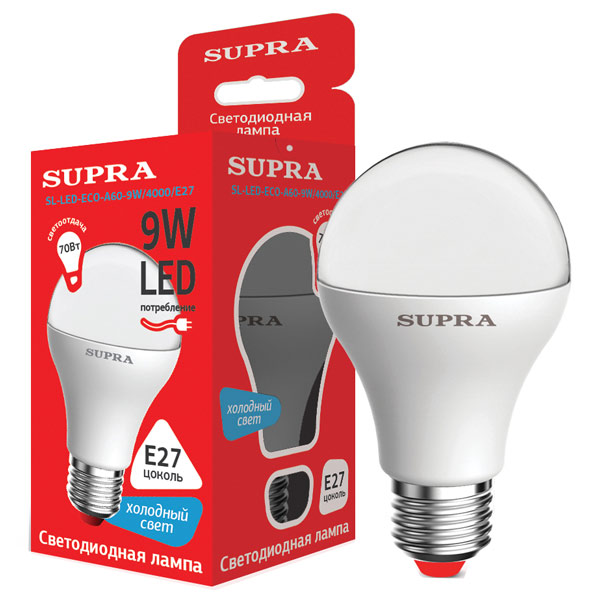 Лампа LED Supra SL-LED-ECO-A60-9W/4000/E27 фото