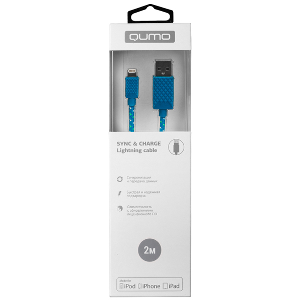Кабель Qumo MFI 8 pin, 2м, тканевая оплетка, синий фото