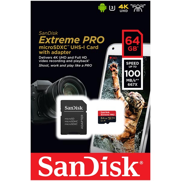Карта памяти MicroSD SanDisk 64Gb ExtremePro V30 UHS-I U3 (SDSQXCG-064G-GN6MA)