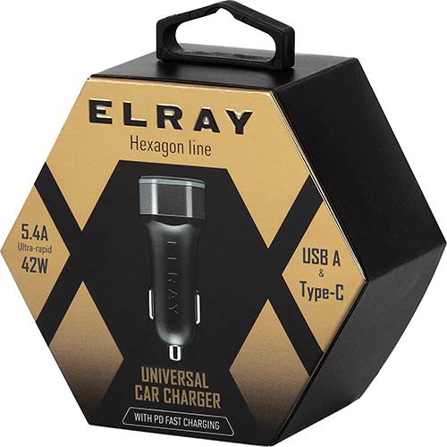 Автомобильное зарядное устройство Elray 1xUSB 1xType-C 42Вт Grey (CC1U1PD42HEX)