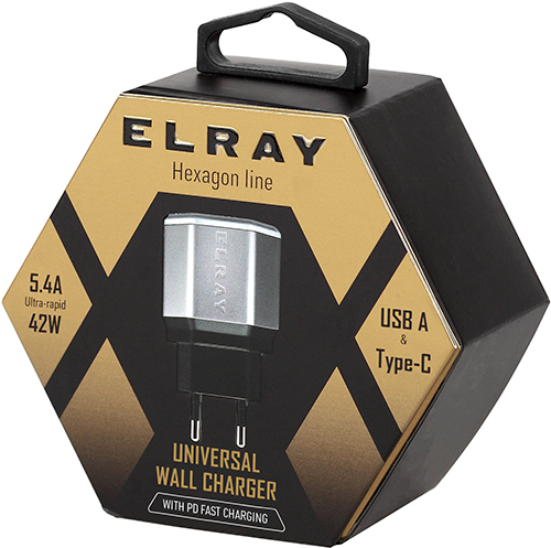 Сетевое зарядное устройство Elray 1xUSB 1xType-C 42Вт Grey (WC1U1PD42HEX)