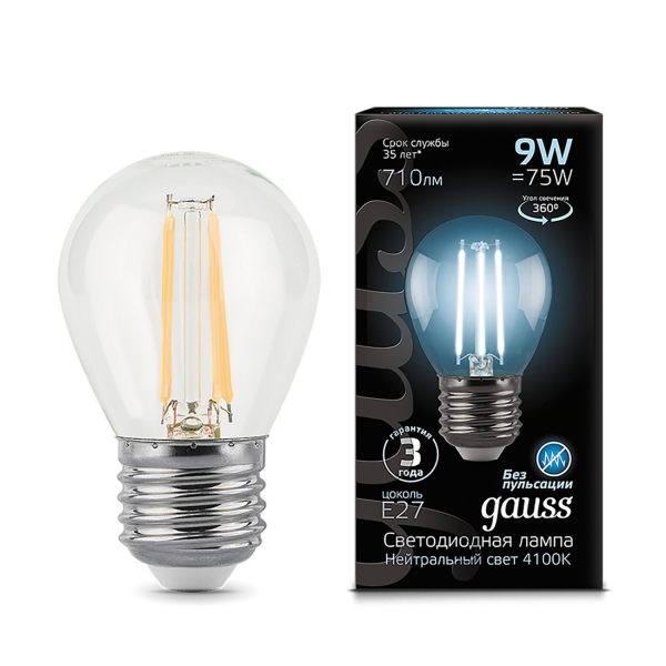 Лампа LED Gauss Filament Шар 9W 710lm 4100К Е27 фото