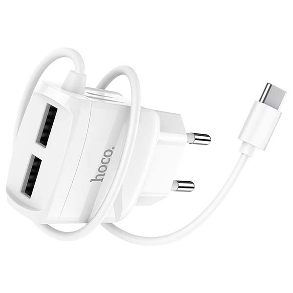 Сетевое зарядное устройство Hoco RC2,&nbsp;2USB,&nbsp;2.1A Type-C&nbsp;White