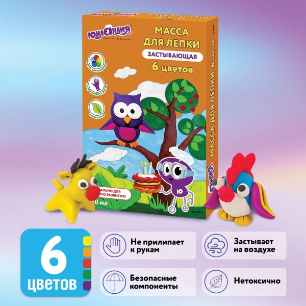 Масса д/лепки Юнландия 6 цветов, застывающая (105019)