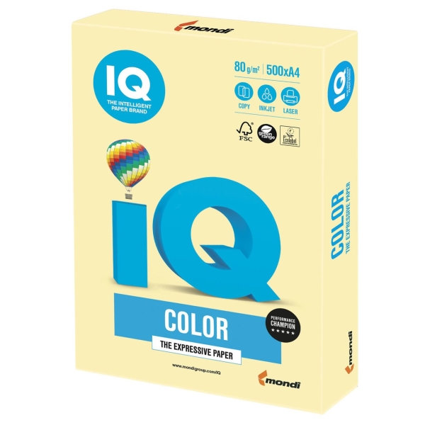 Бумага IQ color А4, 80 г/м, 500л, пастель, желтая (110673)