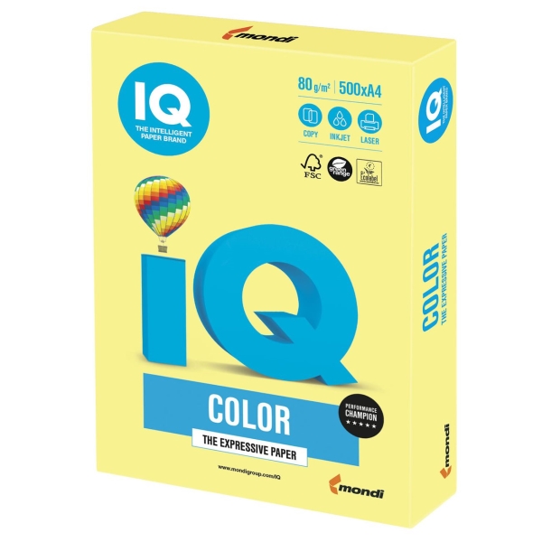 Бумага IQ color А4, 80 г/м, 500л, тренд, лимонно-желтая (110678)