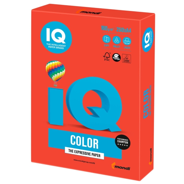 Бумага IQ color А4, 160 г/м, 250л, кораллово-красная (110687)
