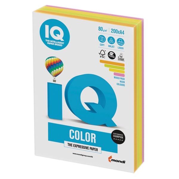 Бумага IQ color А4, 80 г/м, 200л, микс неон (110690)