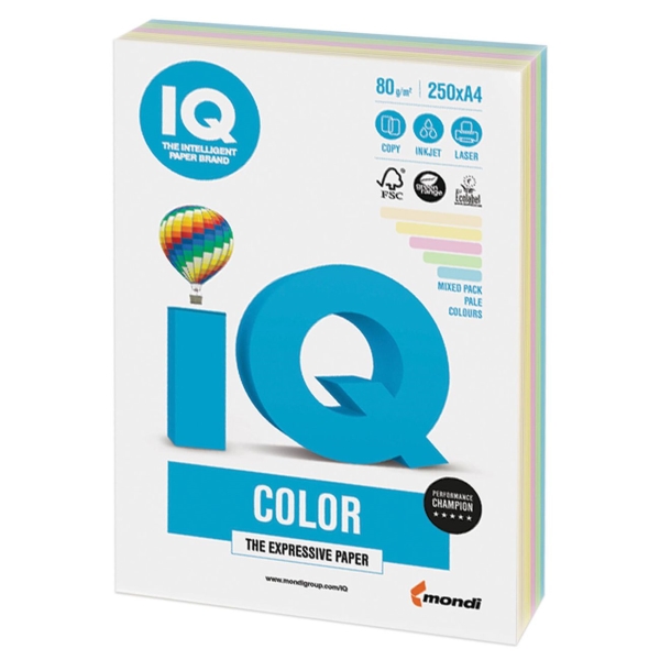 Бумага IQ color А4, 80г/м, 250л, микс пастель (110692)