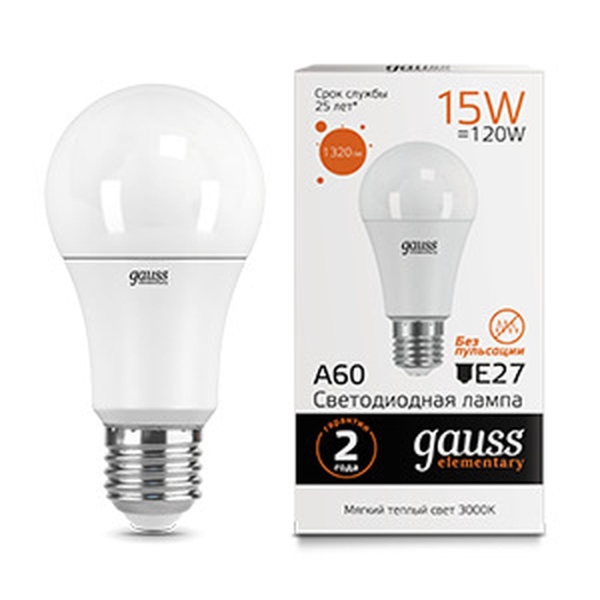 Лампа LED Gauss Elementary A60 15W 1320lm 3000K E27(10шт)