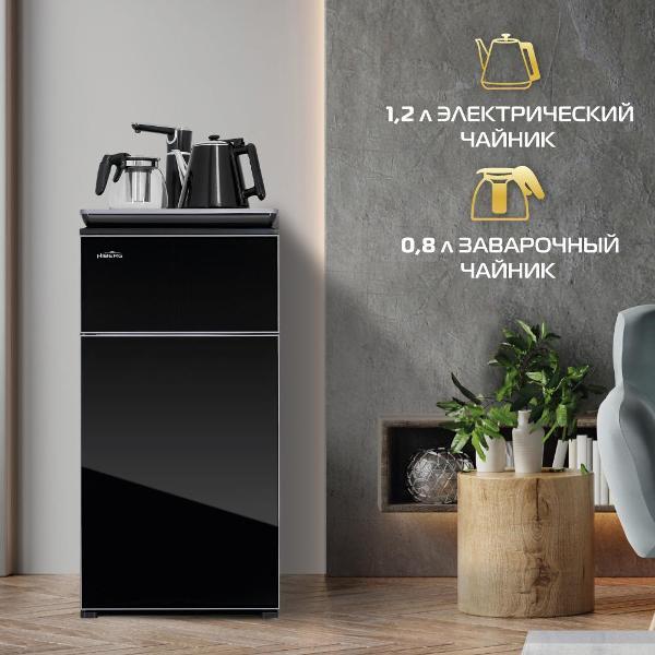 Кулер для воды HIBERG F91 FGB напольный, нижняя загрузка, электрочайник, черное стекло фото