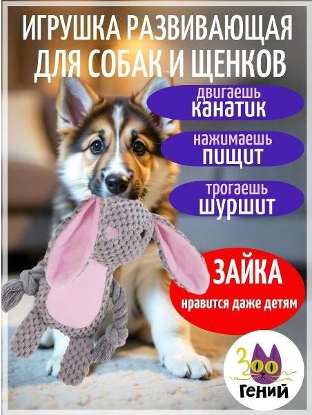 Интерактивная игрушка для собак с пищалкой, шуршалкой и канатиками - КРОЛИК фото