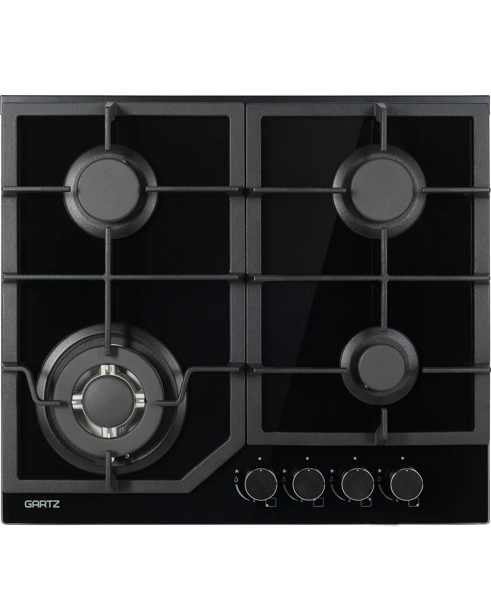 Газовая варочная поверхность GARTZ HGB611B черная (Magiсook, встраиваемая, 60 см, 4 конфорки, закаленное стекло, цельная чугунная решетка, автоматический электроподжиг, газ-контроль, WOK-конфорка) фото