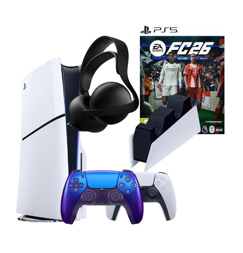Игровая приставка Sony PlayStation 5 Slim Disk + 2й геймпад индиго + игра FC26 + станция зарядки + гарнитура PULSE Elite черный