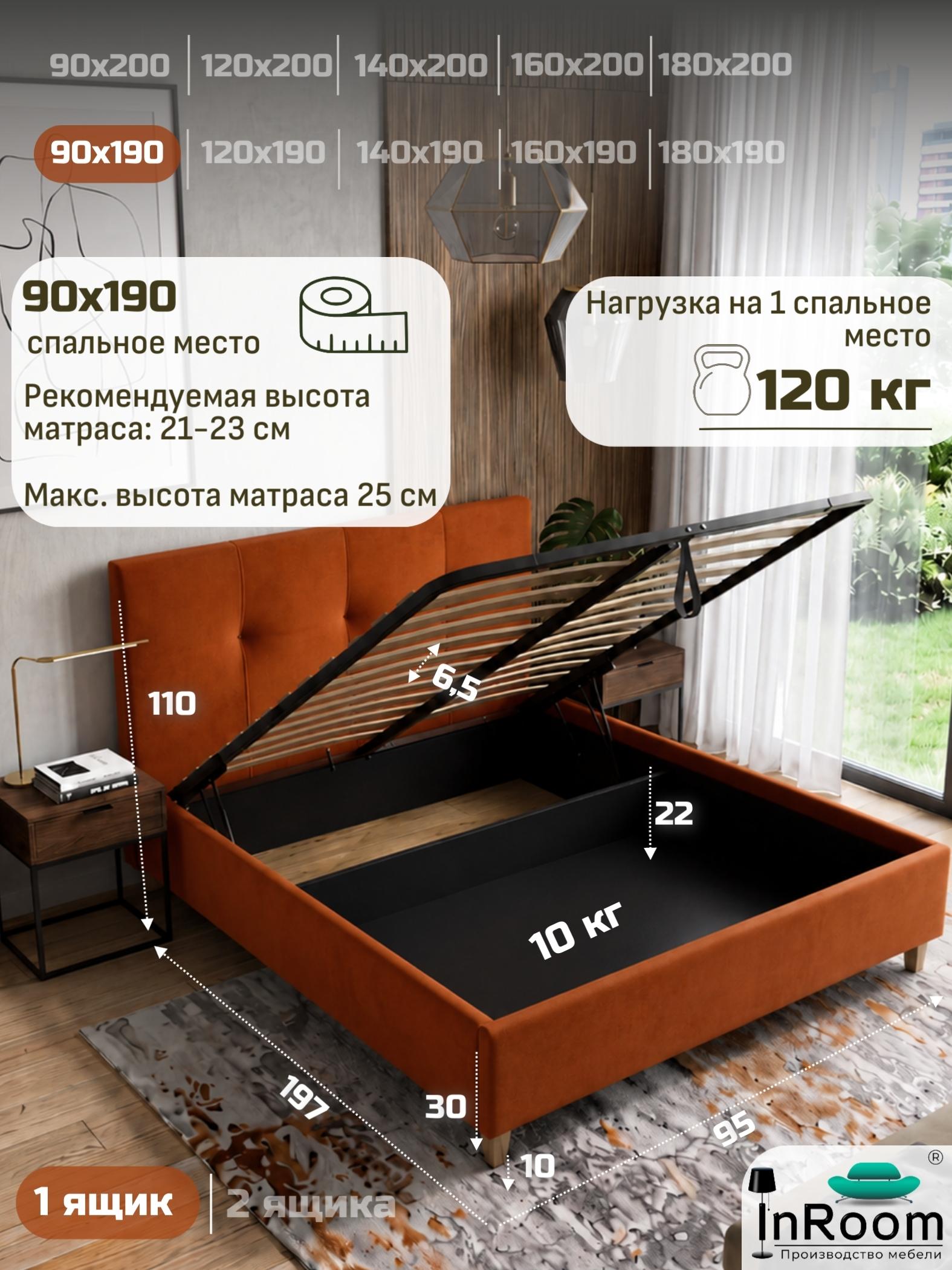 Кровать односпальная Оптима 90х190, велюр, с ножками фото
