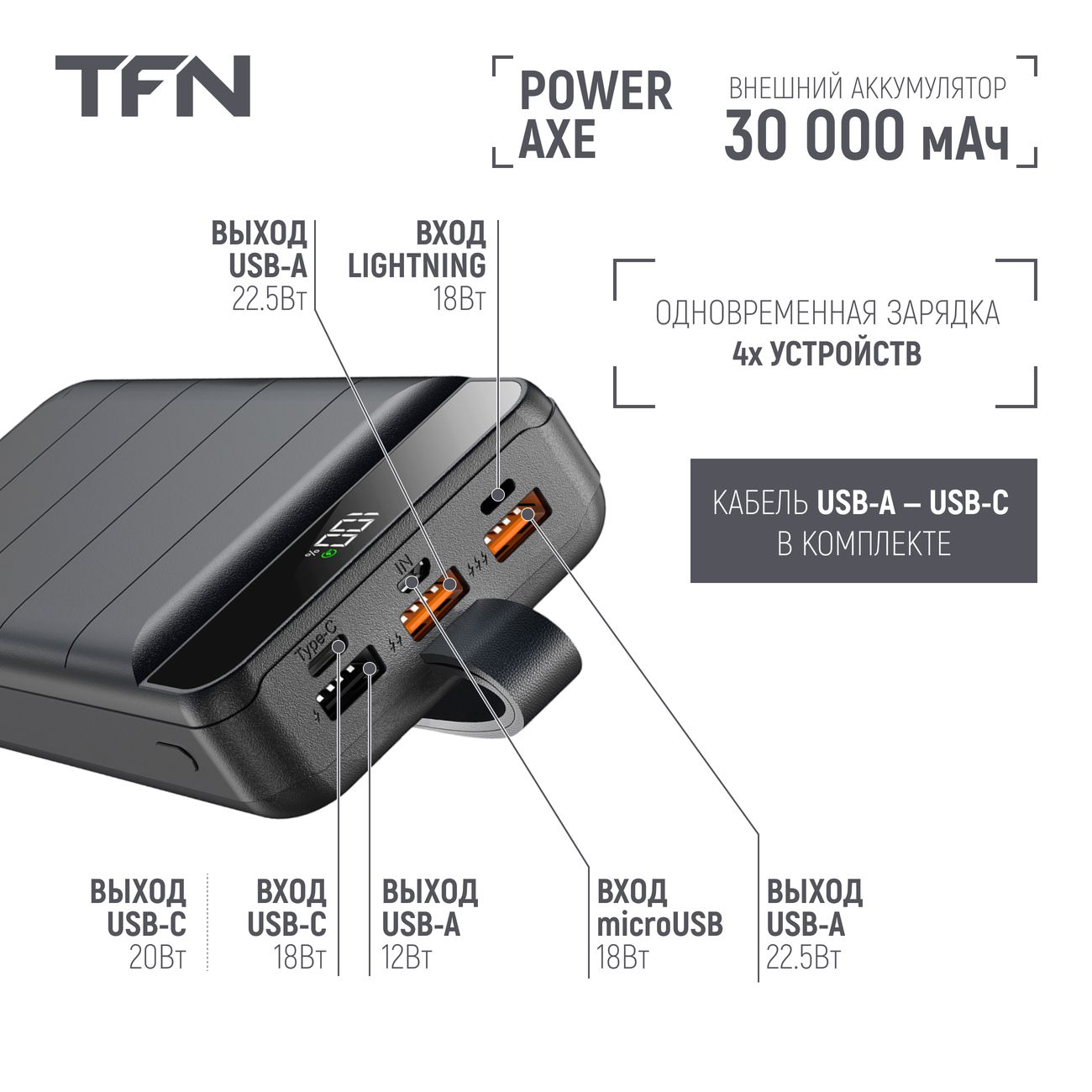 Внешний аккумулятор TFN PowerAxe 30 000 mAh Black (TFN-PB-307-BK)