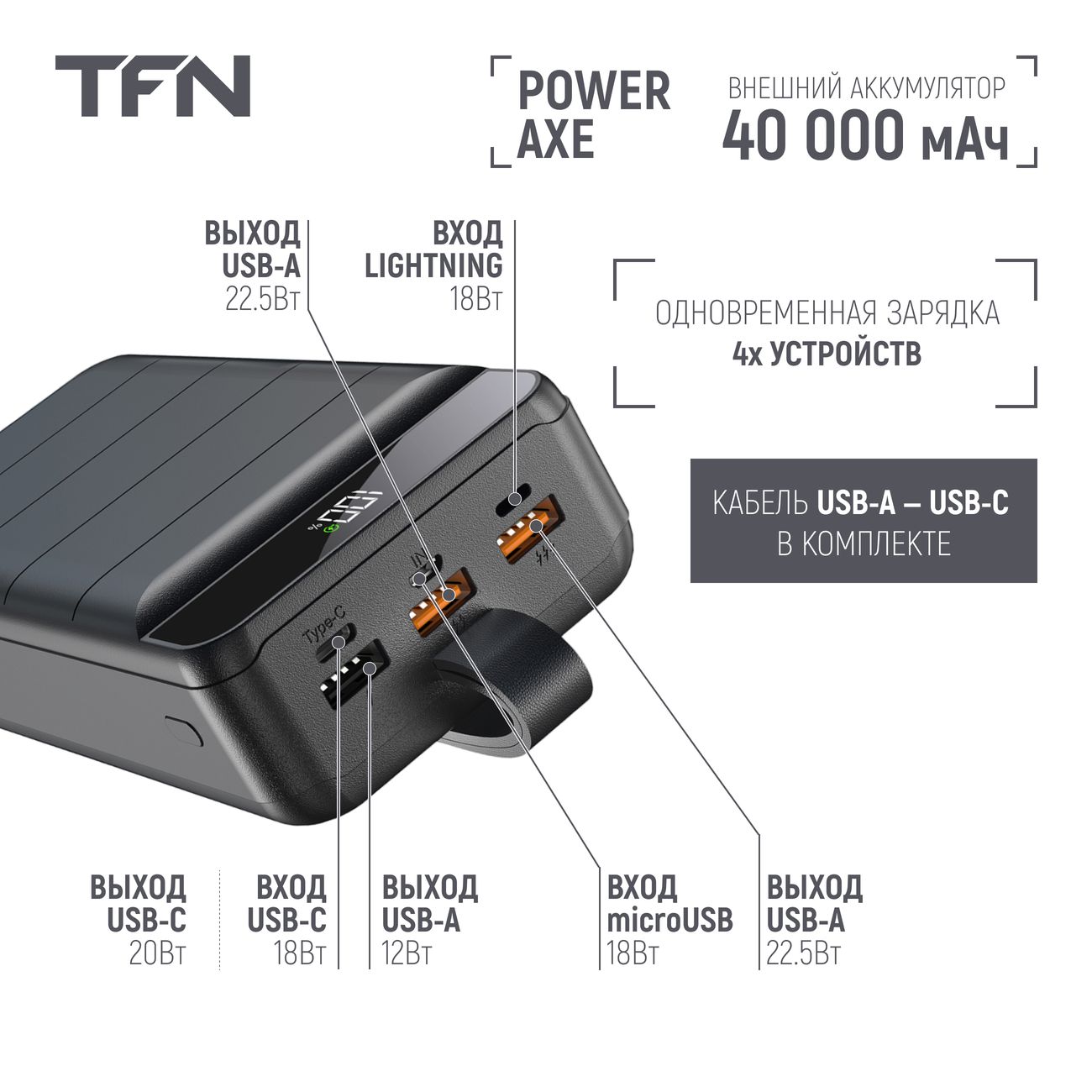 Внешний аккумулятор TFN PowerAxe 40 000 mAh Black (TFN-PB-308-BK)