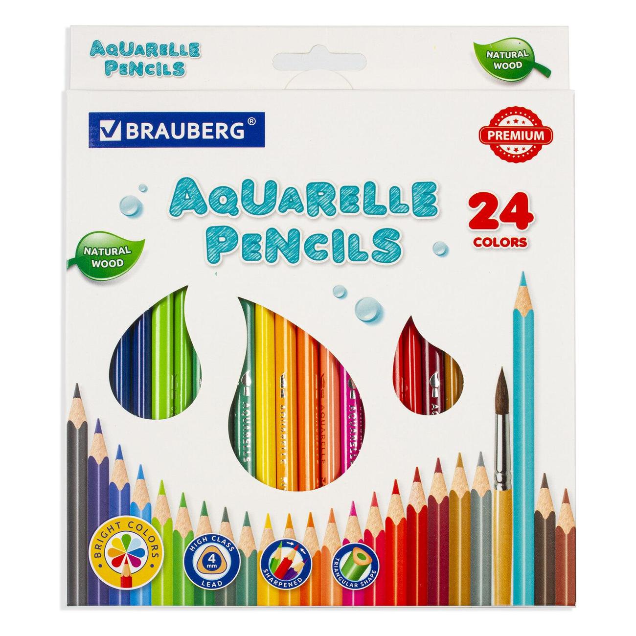 Изображение товара Карандаш цветной Brauberg PREMIUM AQUARELLE, 24 цвета, дерево 181673