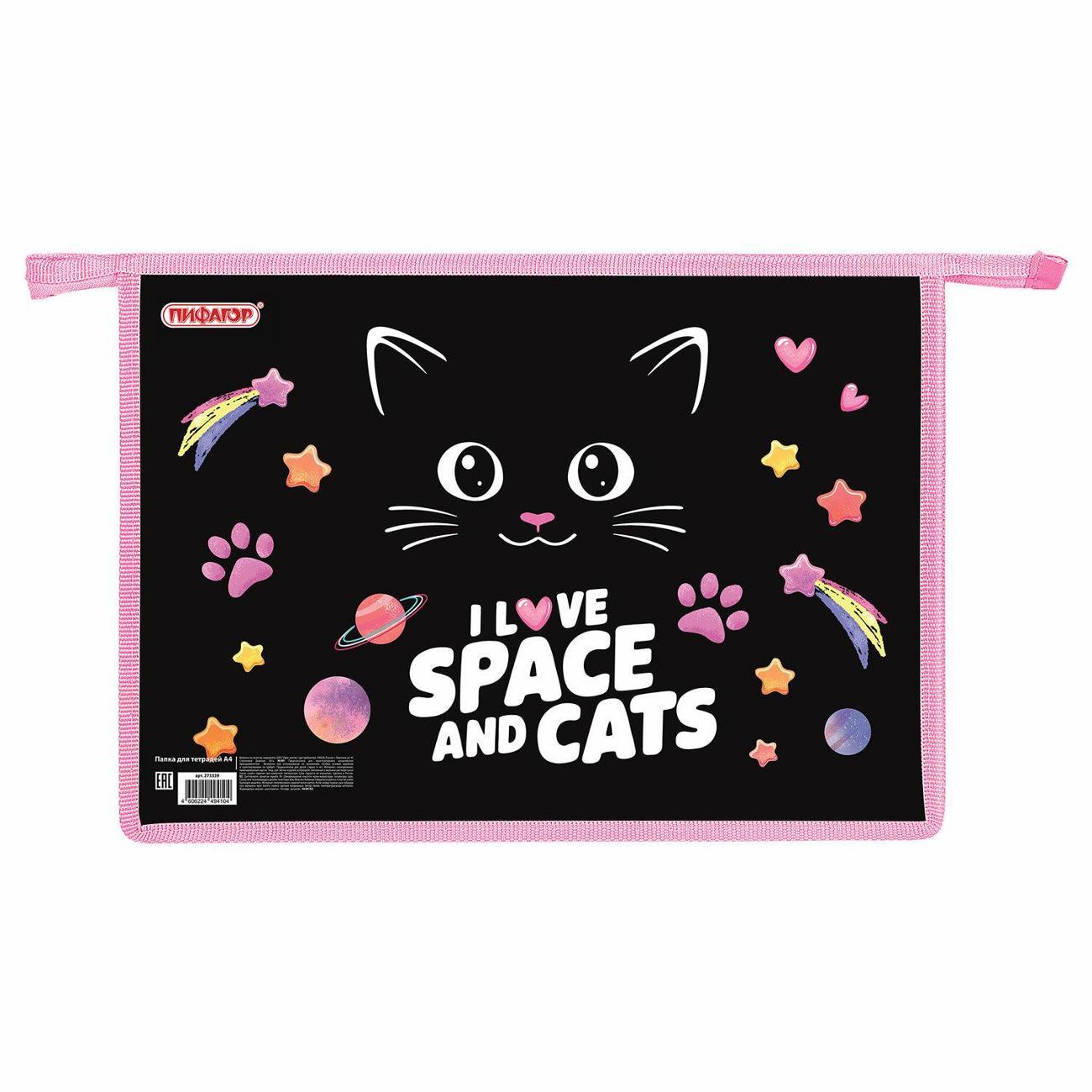 Изображение товара Папка для тетрадей Пифагор А4 на молнии чёрный кот