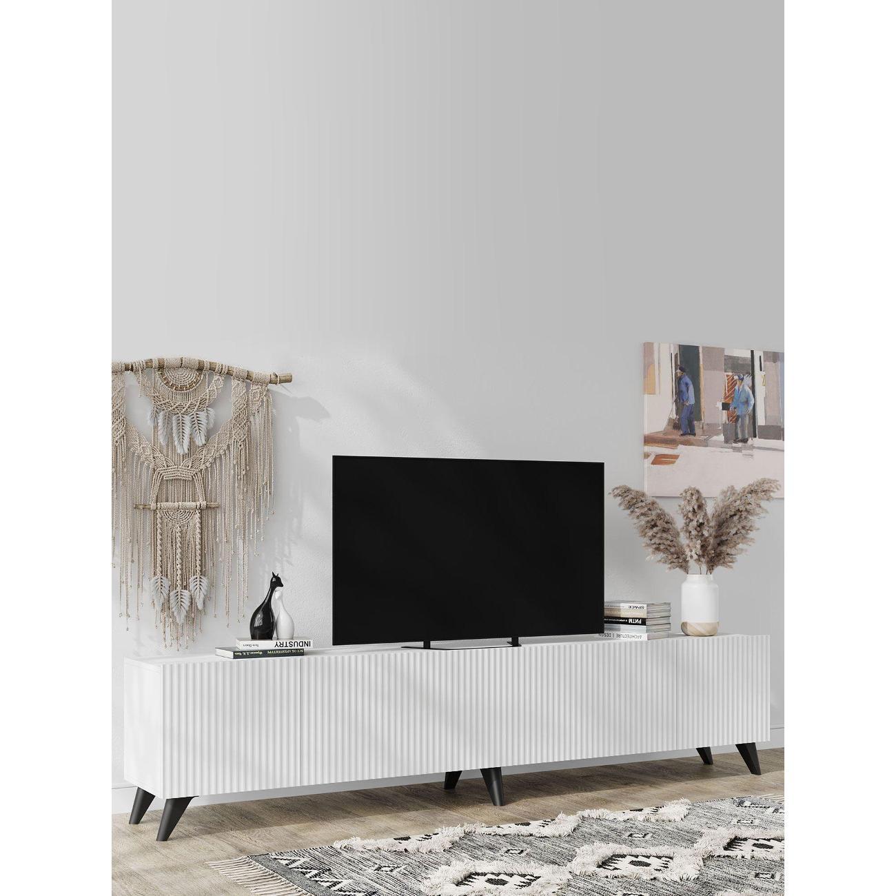 Изображение товара Тумба прикроватная Правила мебели под телевизор напольная Сканди ТВ на ножках, с дверцами, 213х35х47.2 см, Белый / Белый глянец