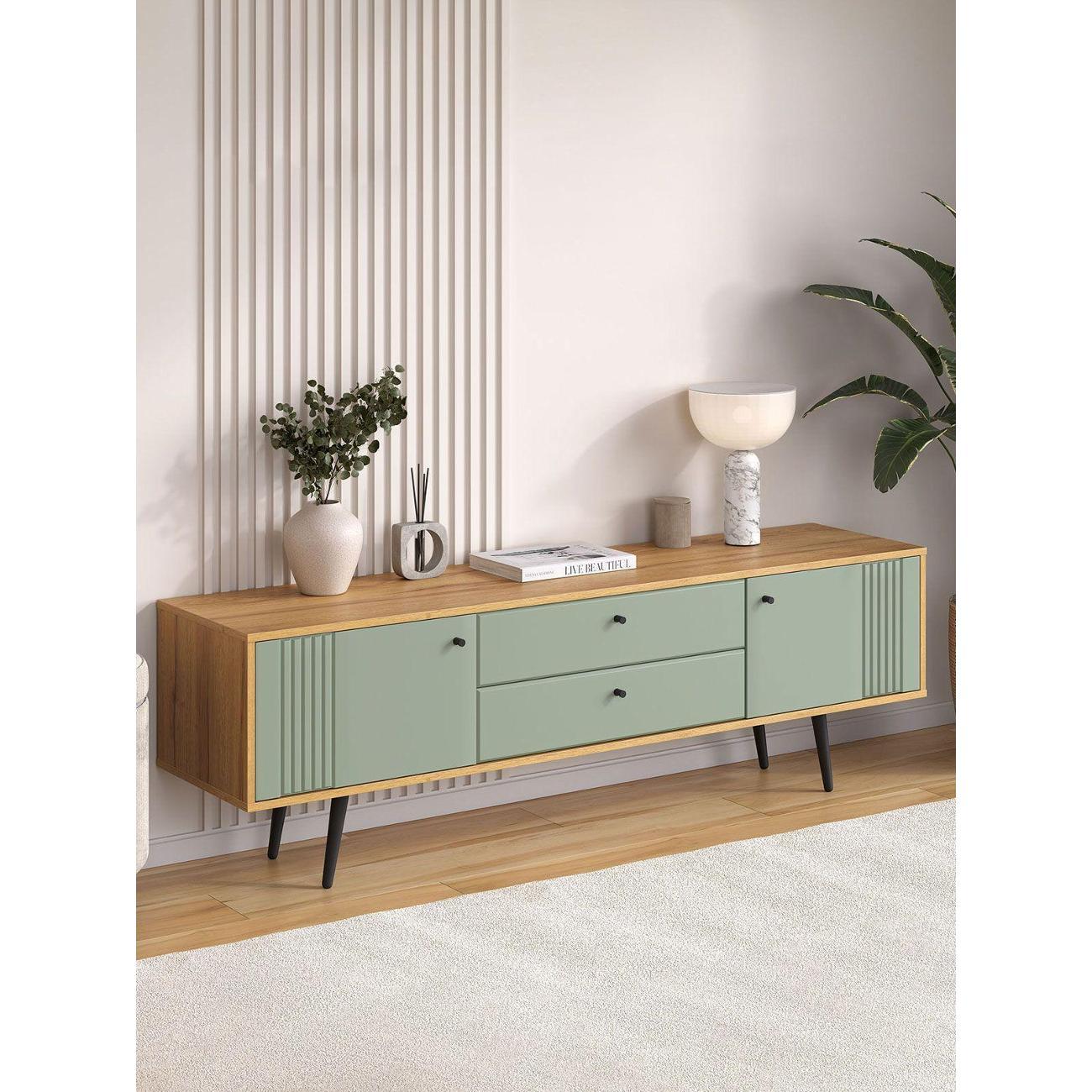 Изображение товара Тумба прикроватная Правила мебели под телевизор напольная Вега Саксония Комби с полками, с ящиками, 170х40х53.6 см, Дуб Крафт золотой / Серо-зеленый