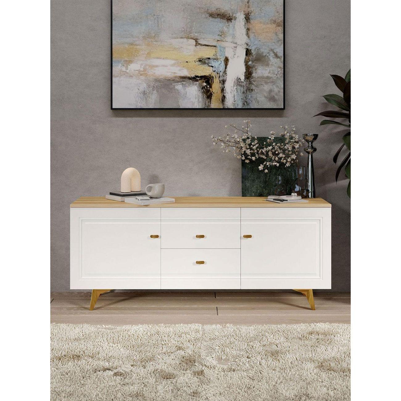 Изображение товара Тумба прикроватная Правила мебели под телевизор напольная Вега Сапфир ТВ с полками, с ящиками, 150.1х42.4х61.8 см, Дуб золотистый / Белый глянец Изображение товара Тумба прикроватная Правила мебели под телевизор напольная Вега Сапфир ТВ с полками, с ящиками, 150.1х42.4х61.8 см, Дуб золотистый / Белый глянец