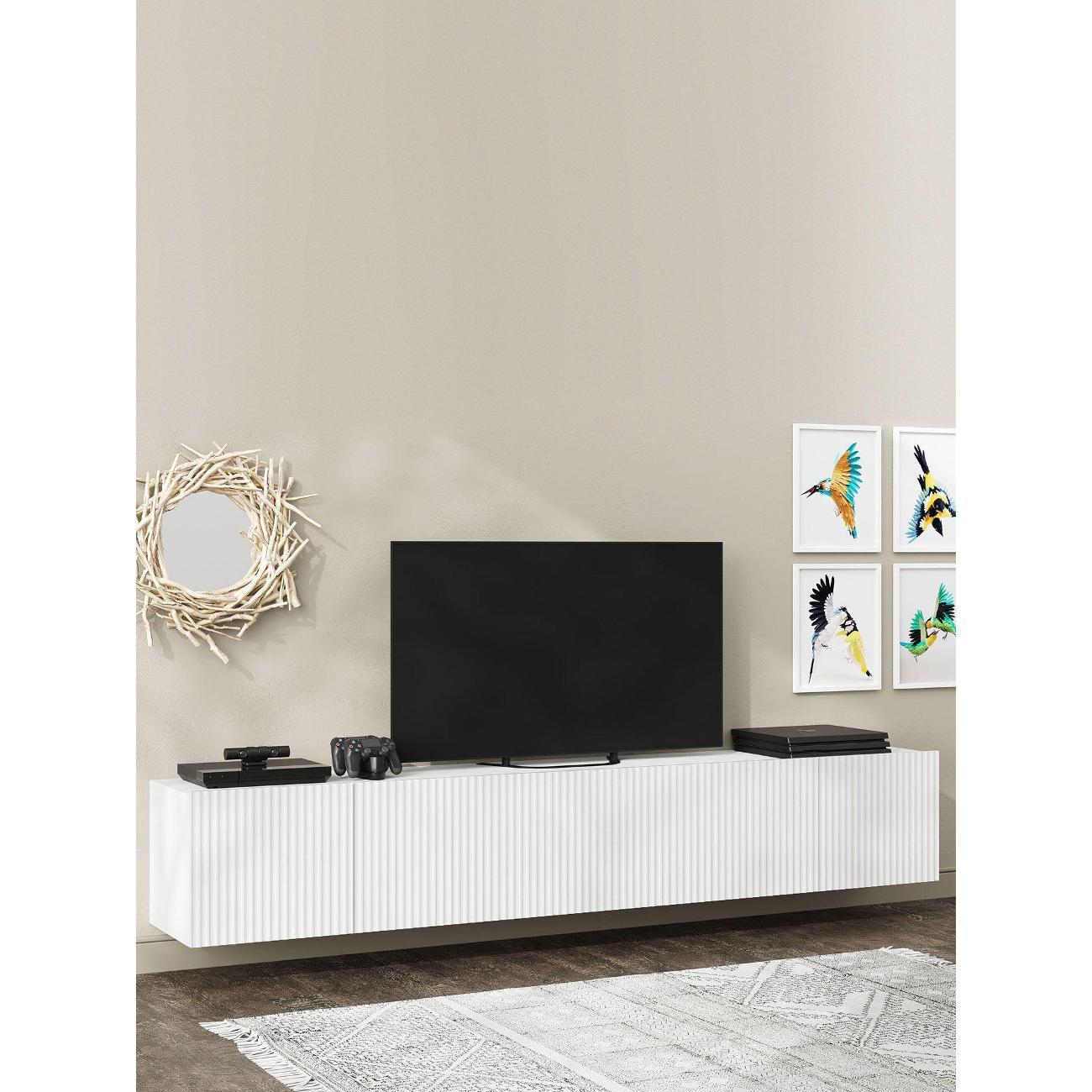 Изображение товара Тумба прикроватная Правила мебели под телевизор подвесная Сканди ТВ с дверцами, 213х35х35.2 см, Белый / Белый глянец