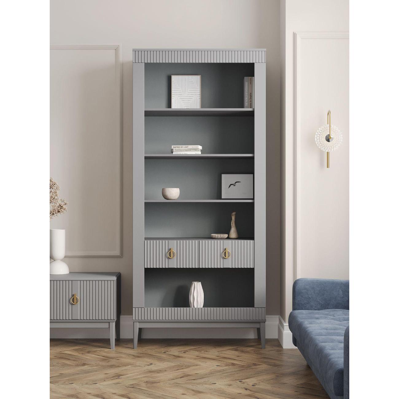 Изображение товара Стеллаж Правила мебели Санторини с полками, с ящиками, на ножках, 97.8х44х220 см, Антрацит лак, МДФ / Серый шифер, ЛДСП