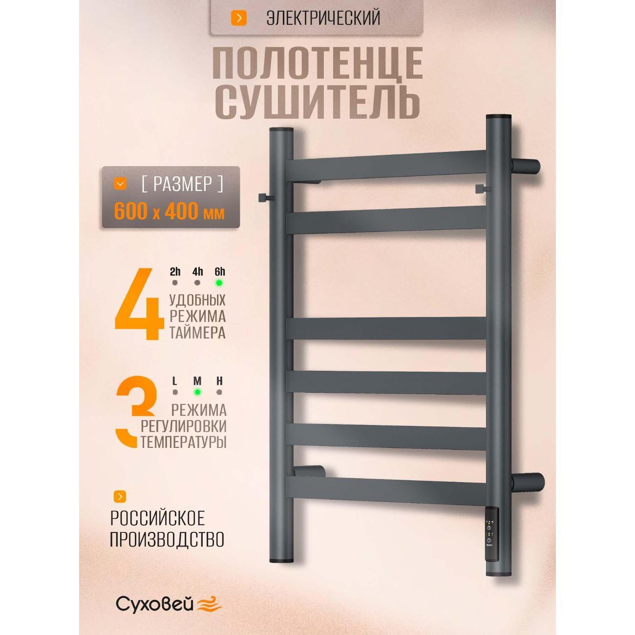 Изображение товара Полотенцесушитель Суховей Соната SSF64101GF 600x400 с крючками, графит металлик