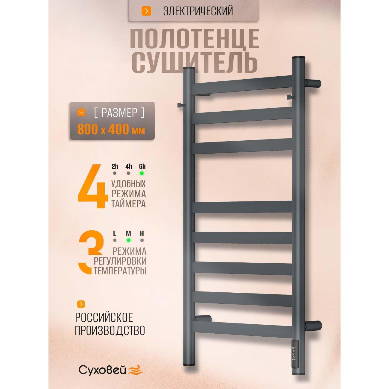 Изображение товара Полотенцесушитель Суховей Соната SSF84101GF 800x400 с крючками, графит металлик