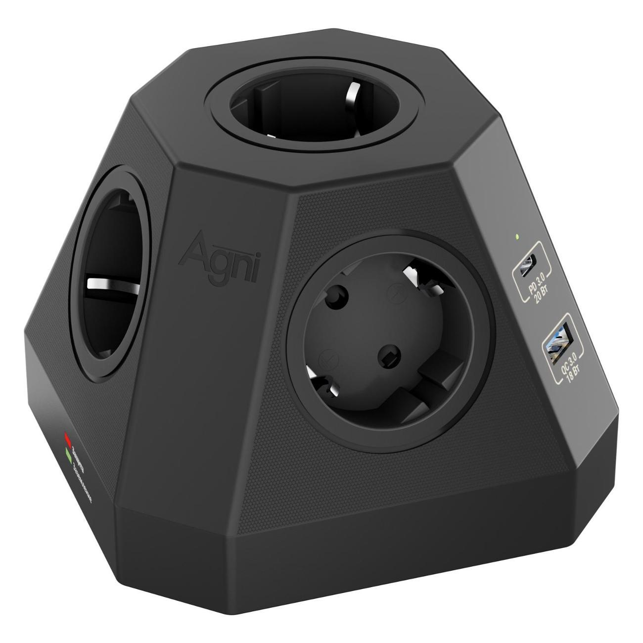 Изображение товара Сетевой фильтр AGNI пирамида 5 розеток, 2 метра, 2 USB-A+2 USB-C Blac