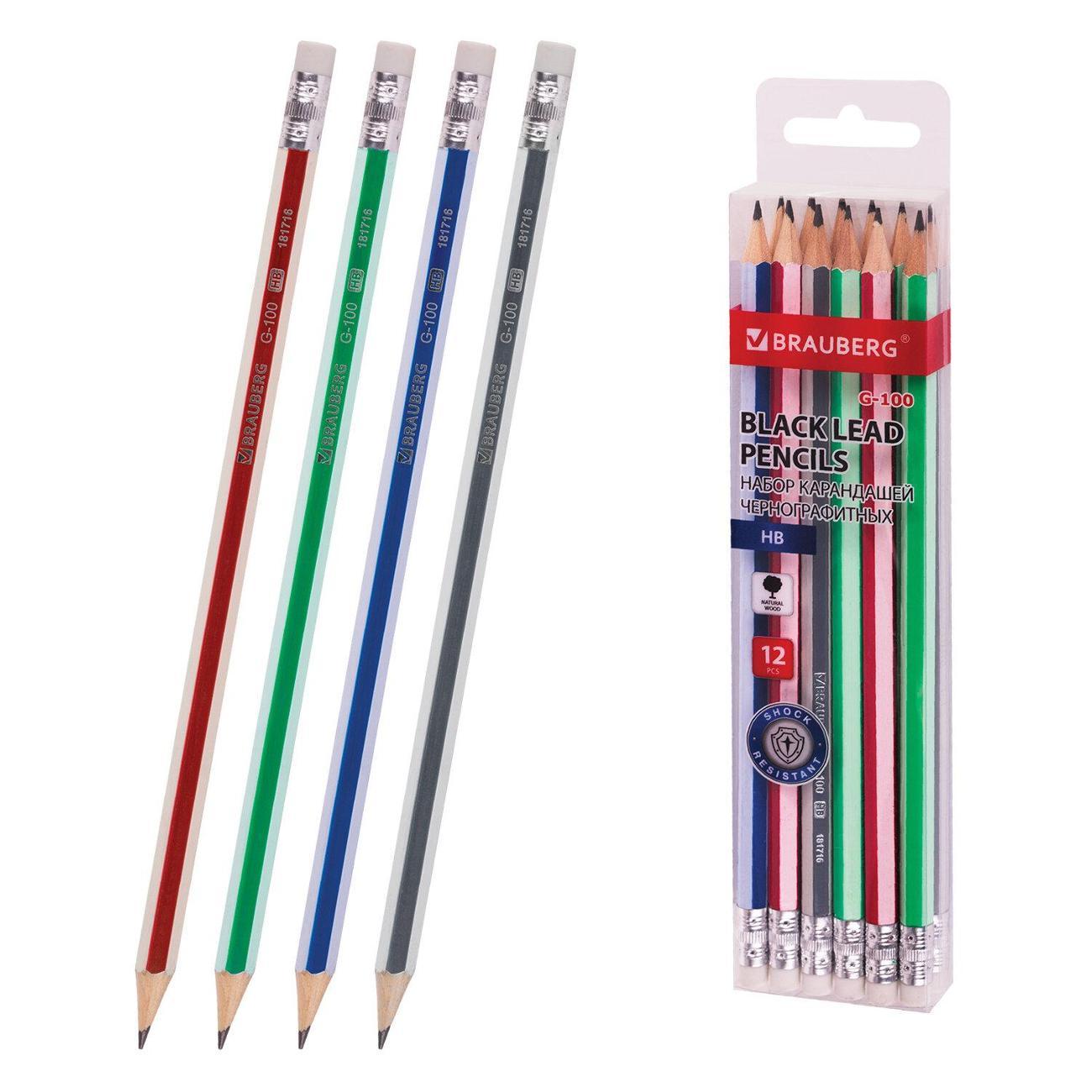 Изображение товара Карандаш Brauberg Карандаши ч/гр BRG G-100 12шт HB ассорти, ластик