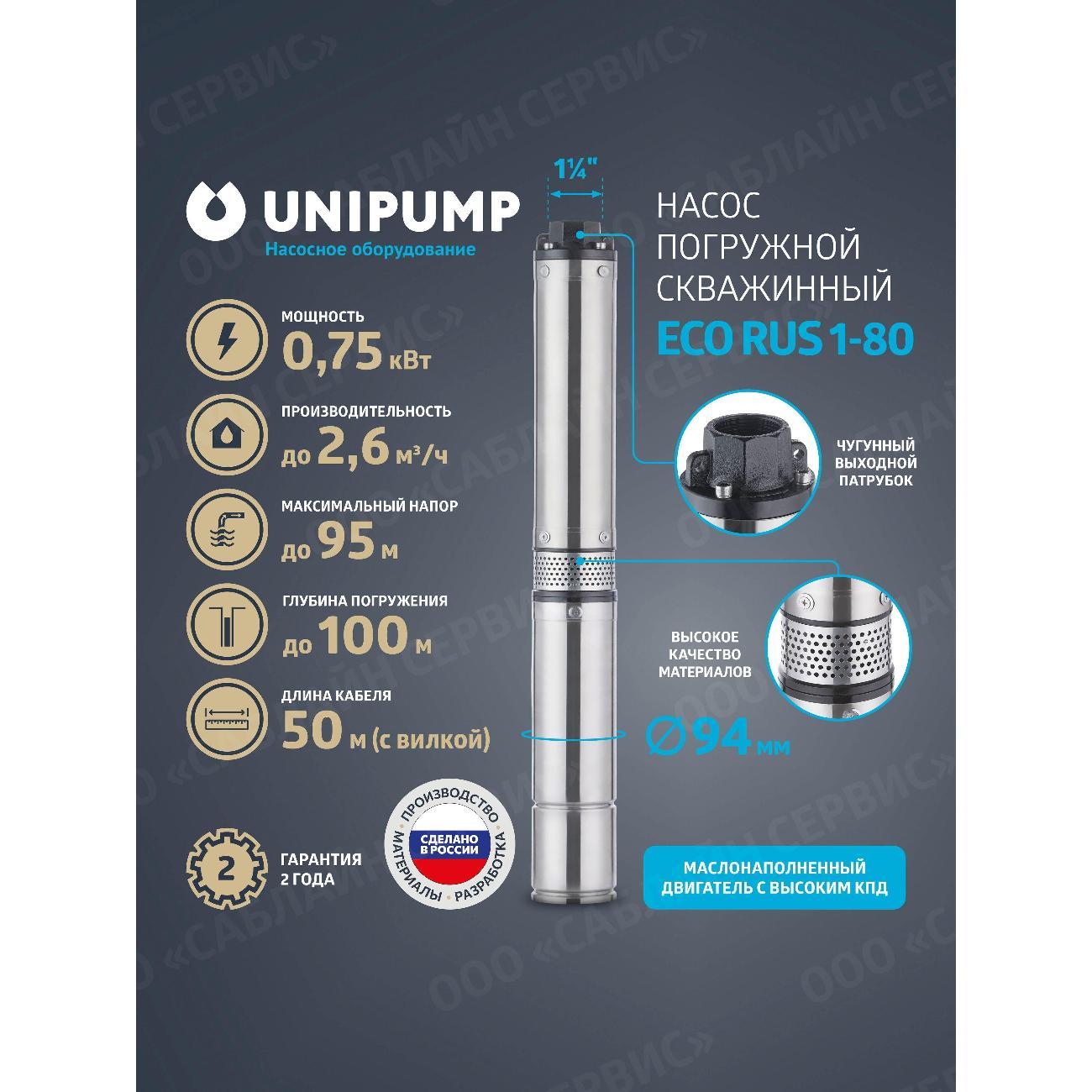 Изображение товара Насос погружной UNIPUMP Погружной скважинный насос ECO RUS 1-80 (0,75 кВт, 50 м)