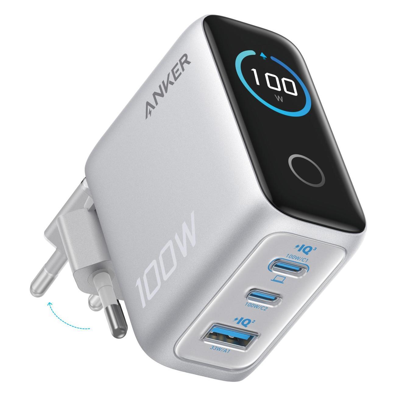 Изображение товара Сетевое зарядное устройство Anker 100W 2C1A LCD + USB Cable серебристое