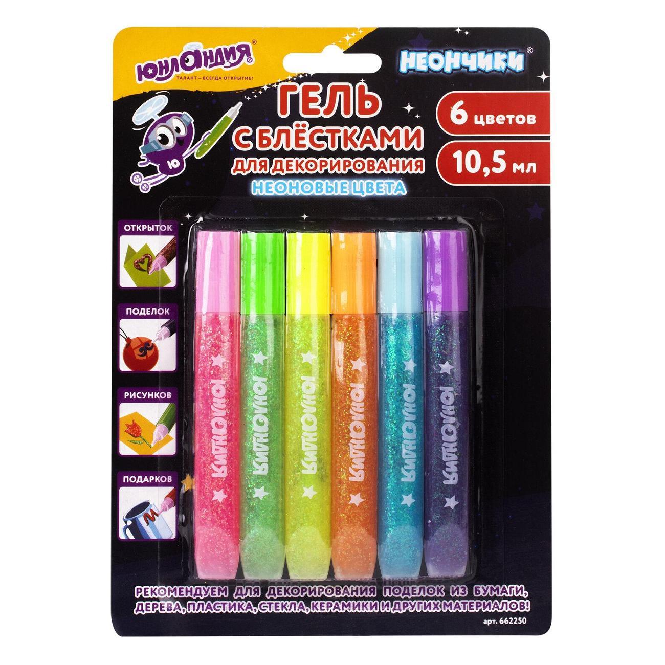Изображение товара Набор для творчества Юнландия Гель-клей с блёстками ЮНЛАНДИЯ неон 6цв по 10,5мл