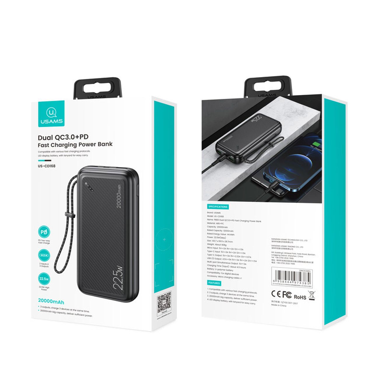 Купить Внешний аккумулятор Usams US-CD168 PB60 Dual 20000mAh QC3.0+PD 22.5W  черный в каталоге интернет магазина М.Видео по выгодной цене с доставкой,  отзывы, фотографии - Москва