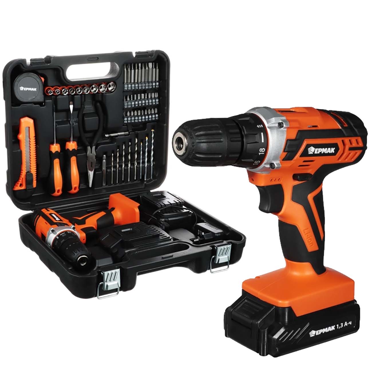 Изображение товара Набор ЕРМАК "Профи": Шуруповерт 12В с набором инструмента, 57 предметов (691-031)