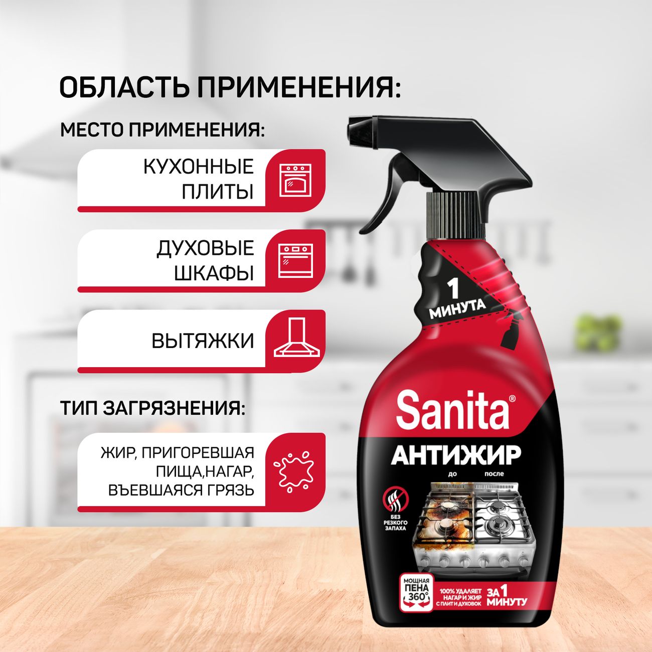 Купить Спрей чистящий для кухни Sanita 1 минута 500мл в каталоге интернет  магазина М.Видео по выгодной цене с доставкой, отзывы, фотографии - Москва