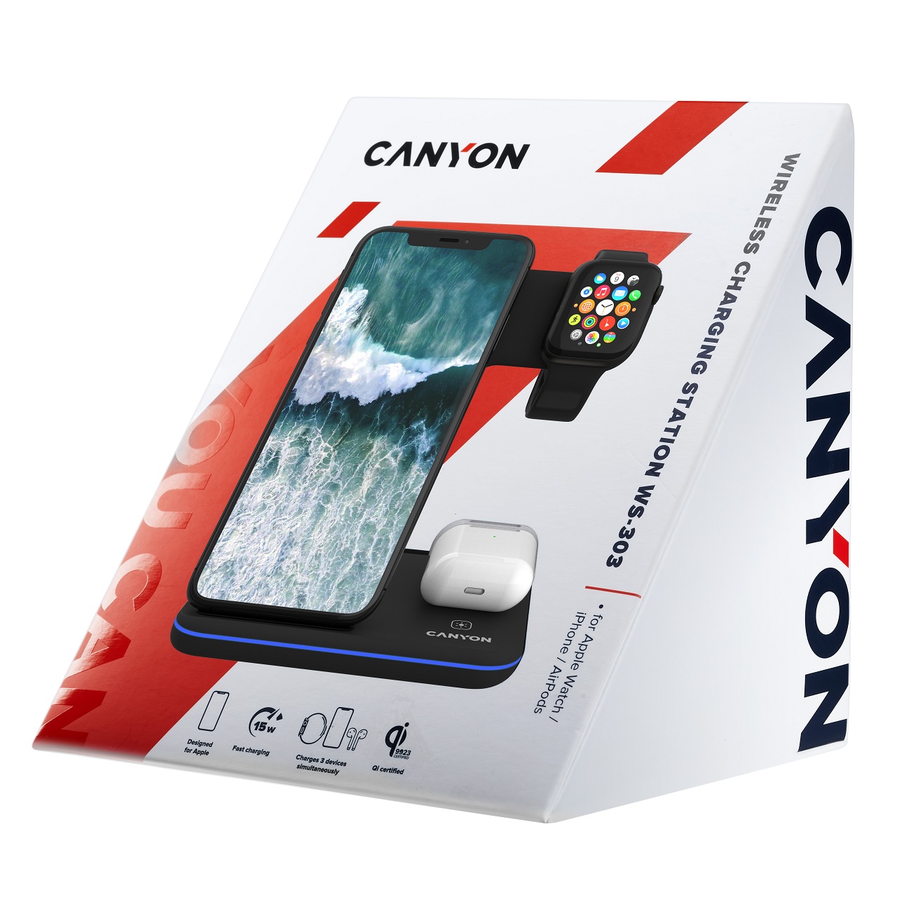 Беспроводное зарядное устройство Canyon 3в1 с технологией Qi CNS-WCS303B